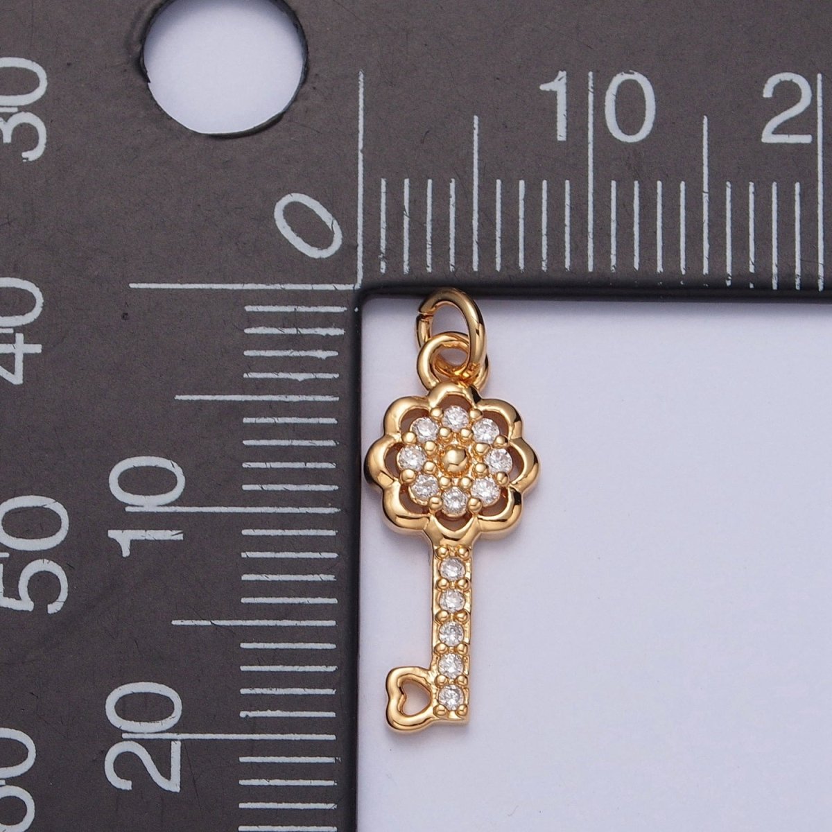 Dainty Flower Heart Key Micro Paved CZ Gold Charm Jewelry Component | X-247