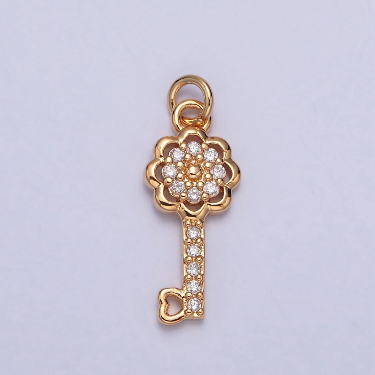 Dainty Flower Heart Key Micro Paved CZ Gold Charm Jewelry Component | X-247