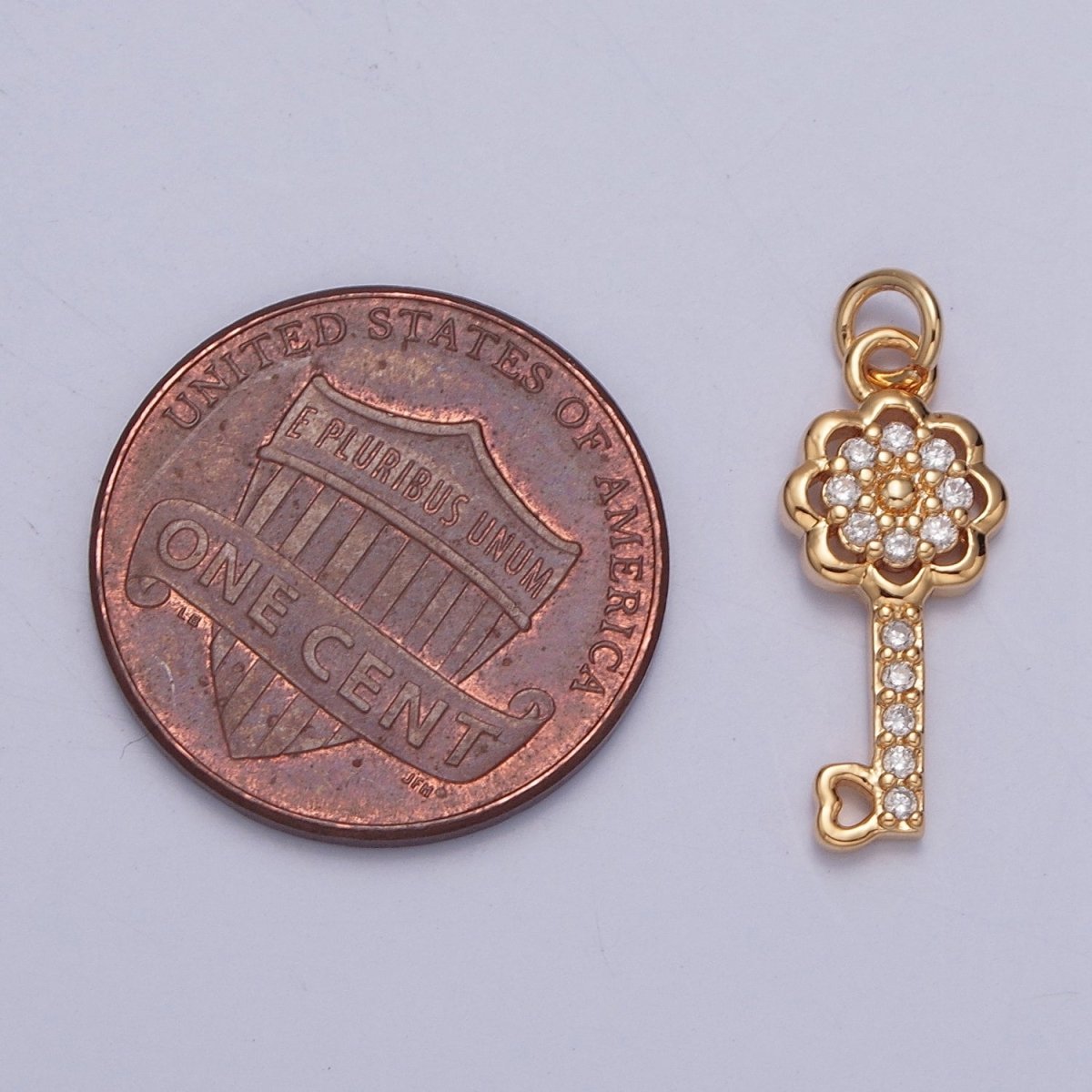 Dainty Flower Heart Key Micro Paved CZ Gold Charm Jewelry Component | X-247