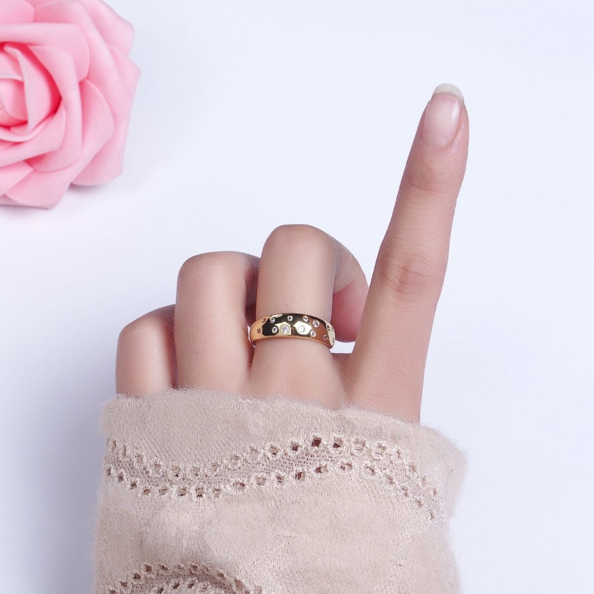 Dainty Gold Bubble Round CZ Band Ring for Minimalist Jewelry R-092