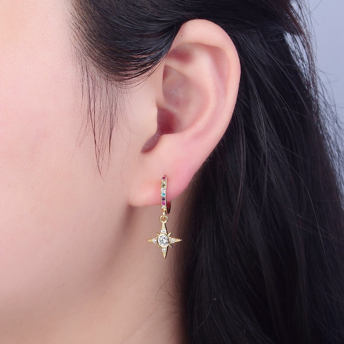 Dainty Gold Filled Huggie Earring with North Star Charm V-436
