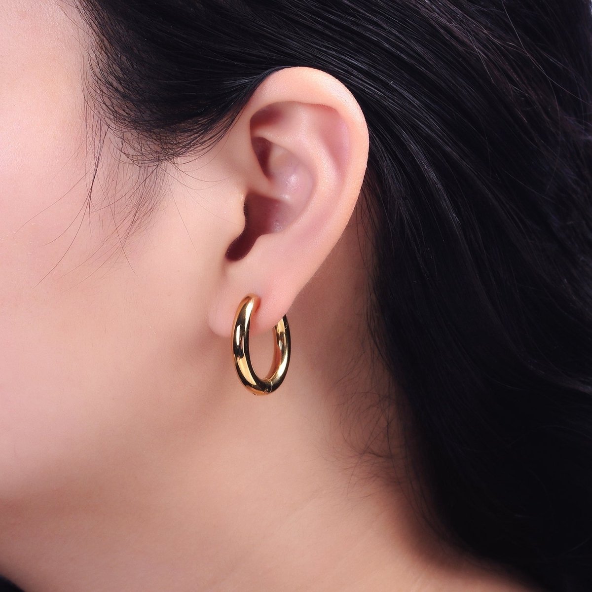 Dainty Gold Hoop Huggie Earrings 23mm Stainless Steel Hypoallergenic, Sleeper Hoops AD877
