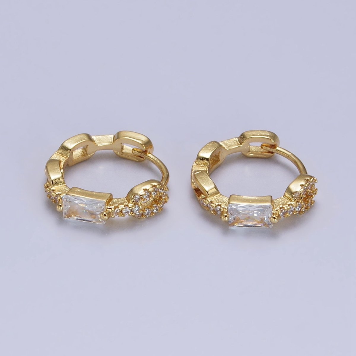 Dainty Gold Huggie Earrings Emerald Cut Cz Diamond Hoops Minimalist Jewelry AB194