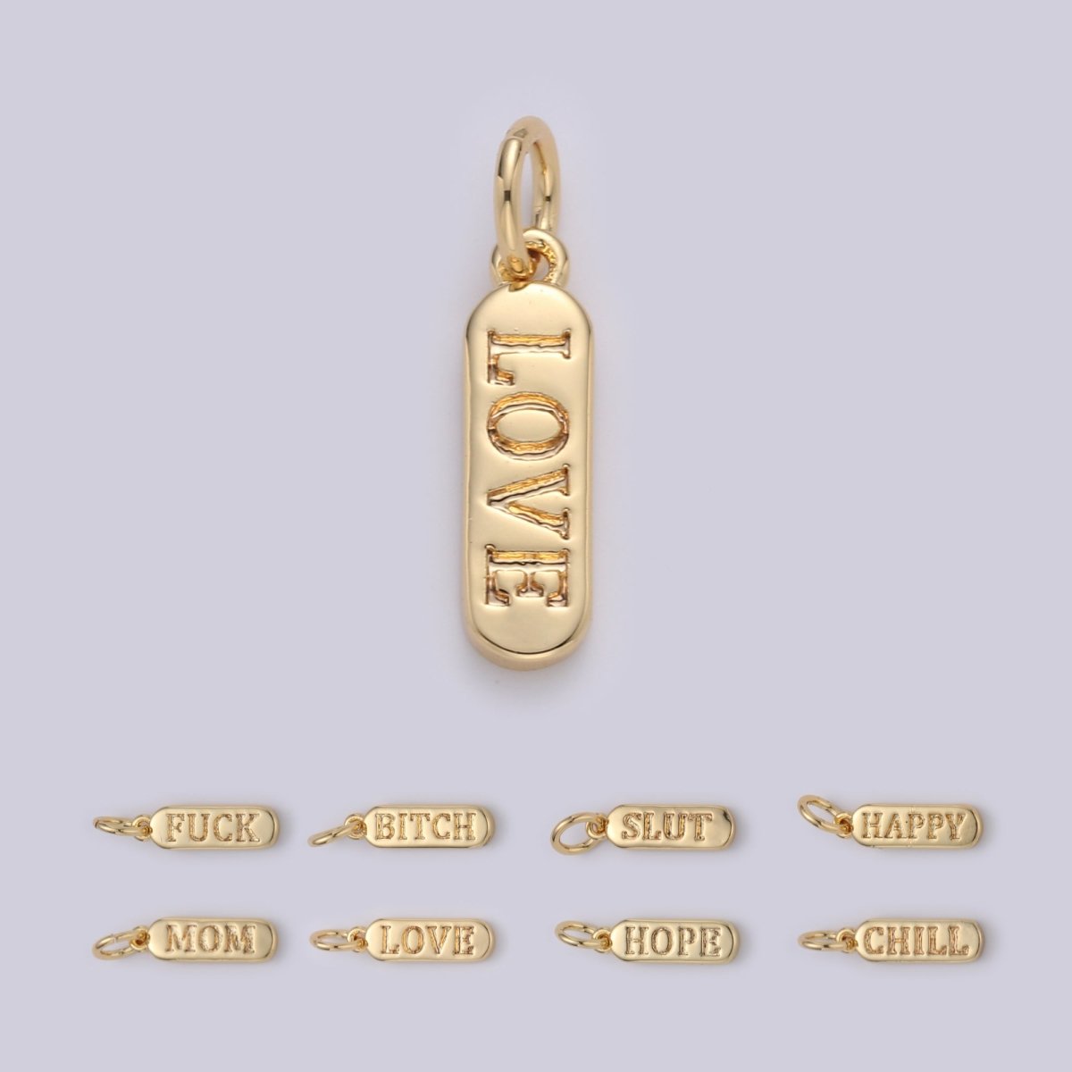 Dainty Gold Pill Bar Pendant, love mom hope happy chill words charm, 14K Gold Filed Pendant for Bracelet Necklace Earring Component Supply | D-506, D-323-D-330, D-747