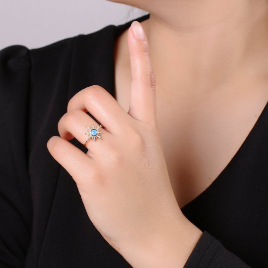 Dainty gold Sun ring , Moon Sun Ring, Blue Opal Ring Gold, Starburst Ring, Tiny Sun Ring, Sunburst Ring, stackable R-201