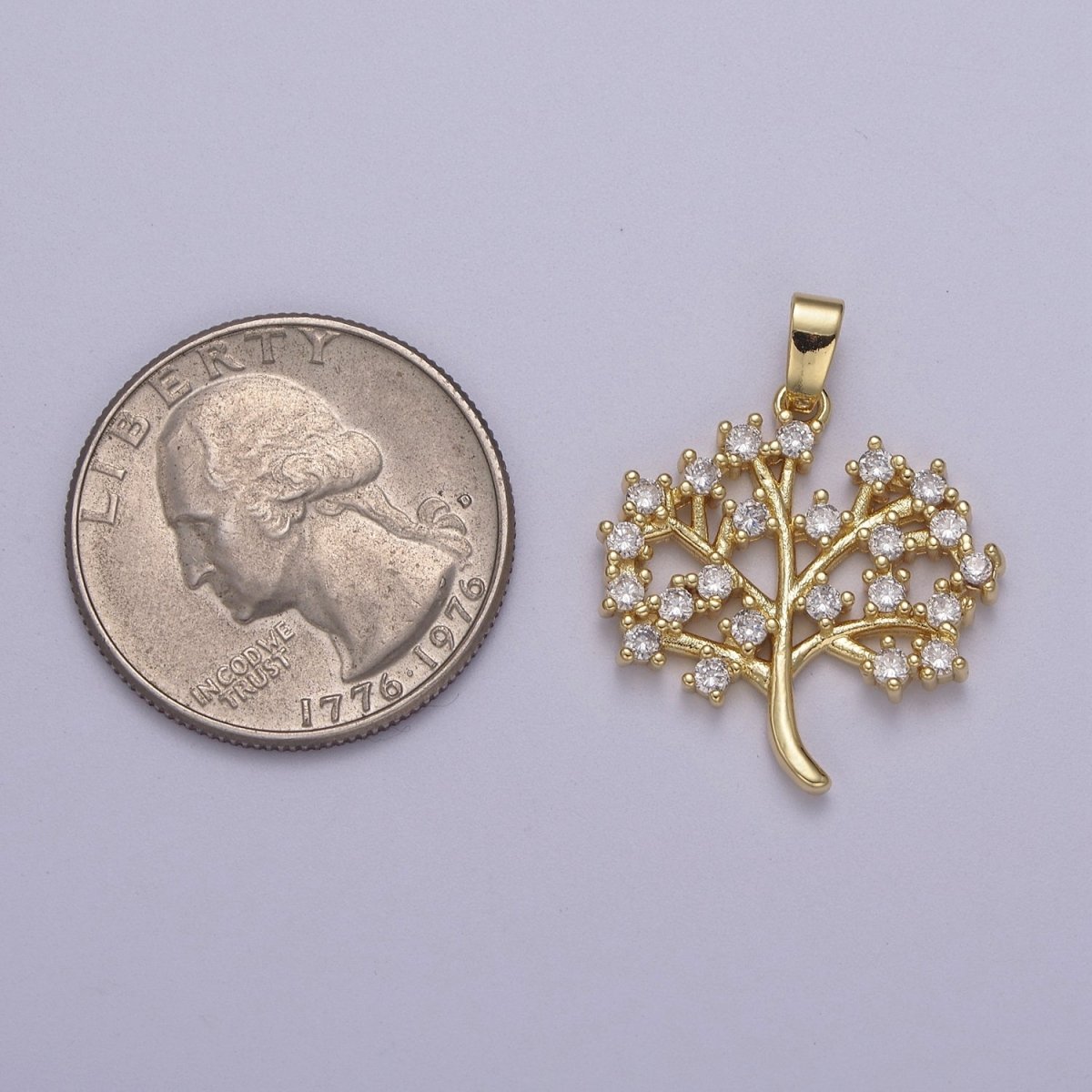Dainty Gold Tree Pendant with Clear Micro Pave Cz Stone J-504