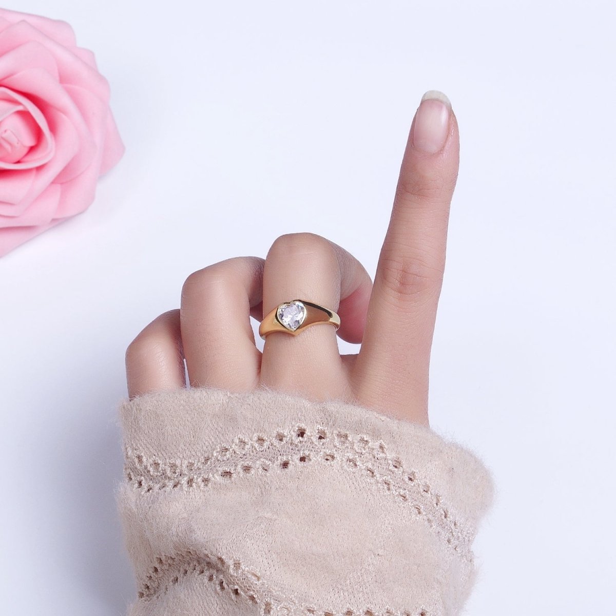 Dainty Heart Signet Ring with Zirconia Stone Open Adjustable Ring O-003
