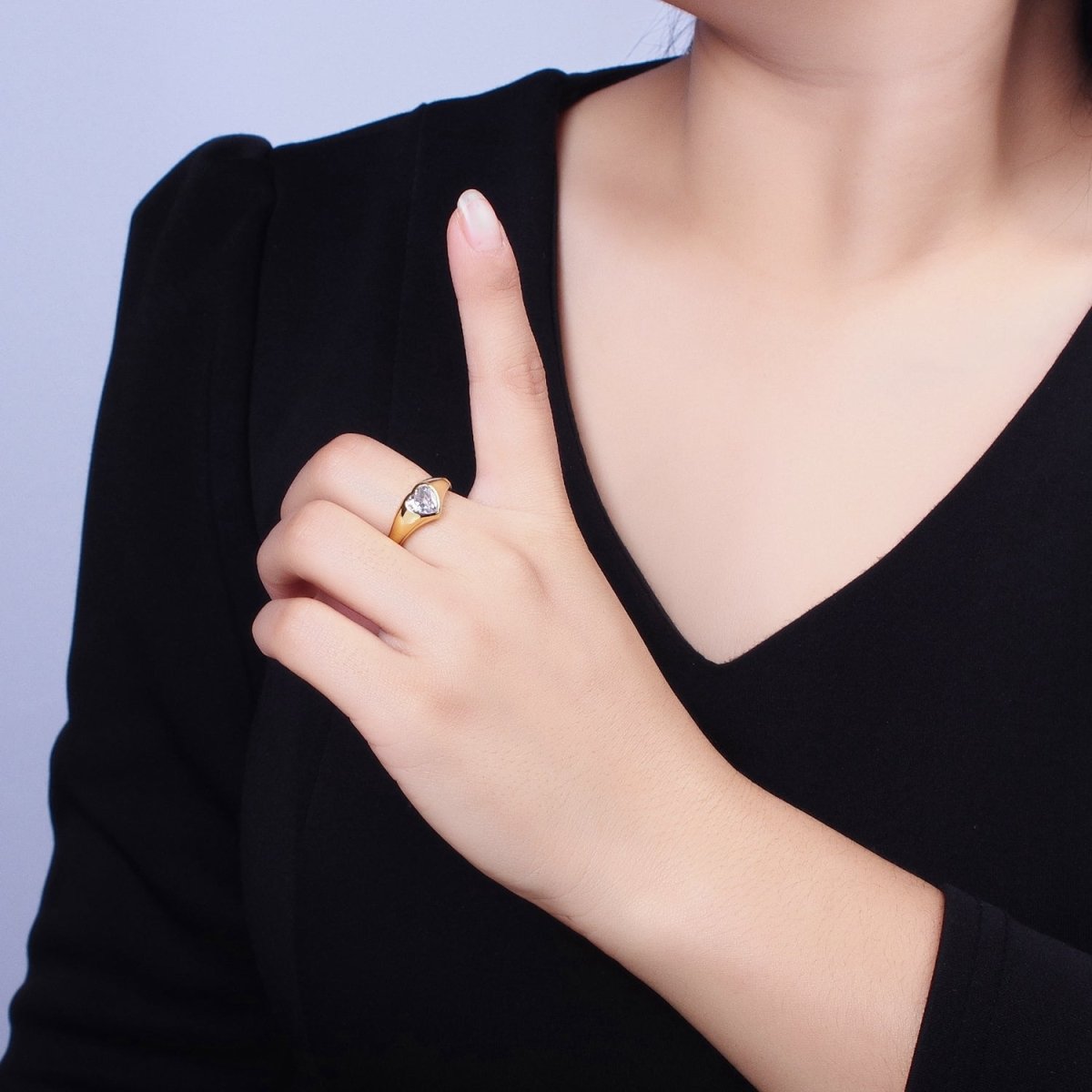 Dainty Heart Signet Ring with Zirconia Stone Open Adjustable Ring O-003