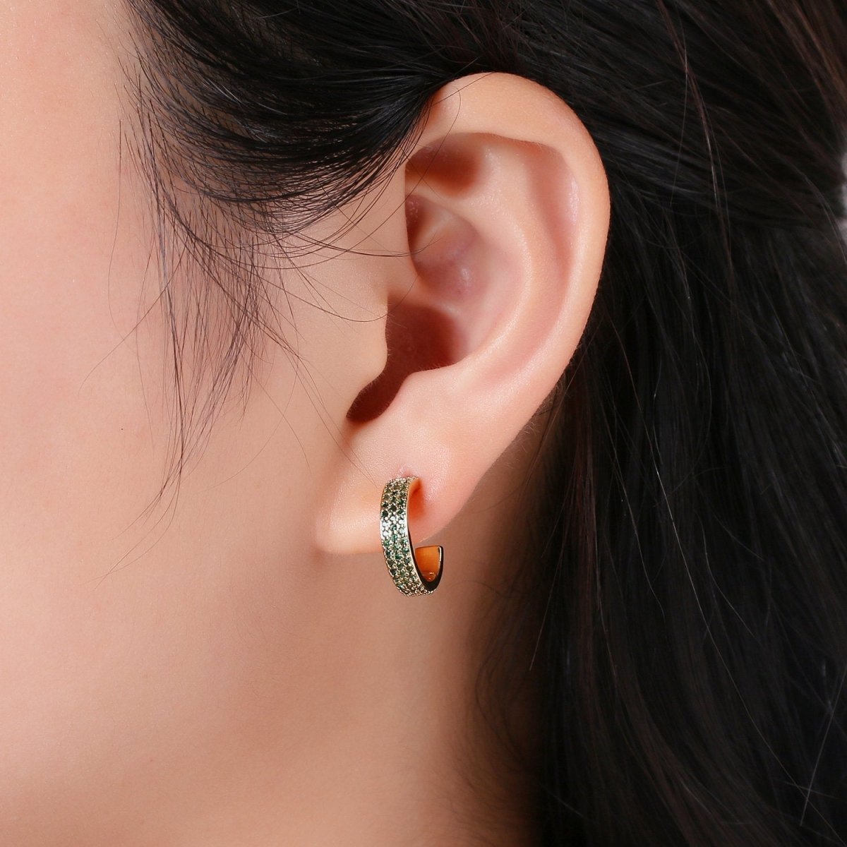 Dainty Hoop Earring in Clear Green Blue Pink Turquoise CZ Micro Pave Earring in Gold Plated lead free, nickel free K-598 K-600 K-601