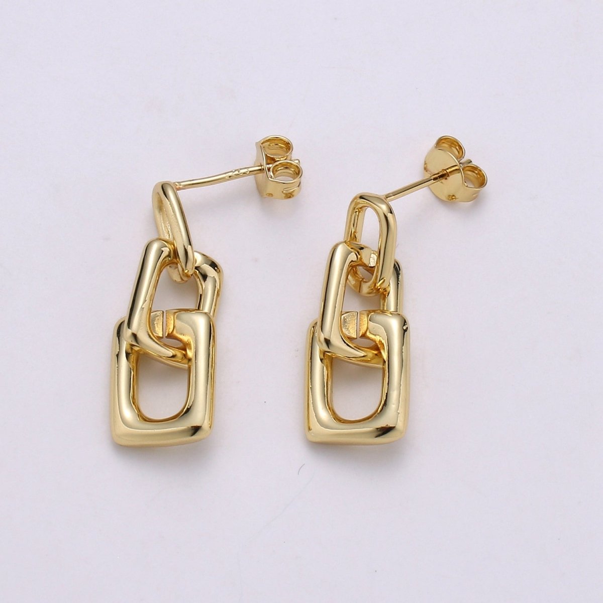 Dainty Rectangle Link Charm Stud, Gold Plated Simple Earring Modern design Earring, Butterfly backing closure Q-341