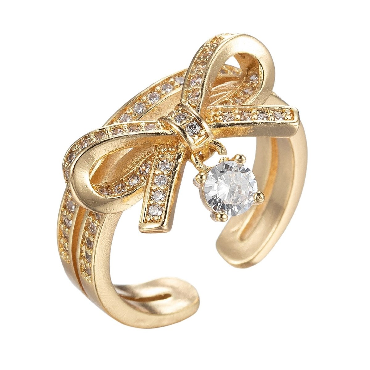 Dainty Ribbon Ring Gold Band Bow Ring Micro Pave Open Ring O-985