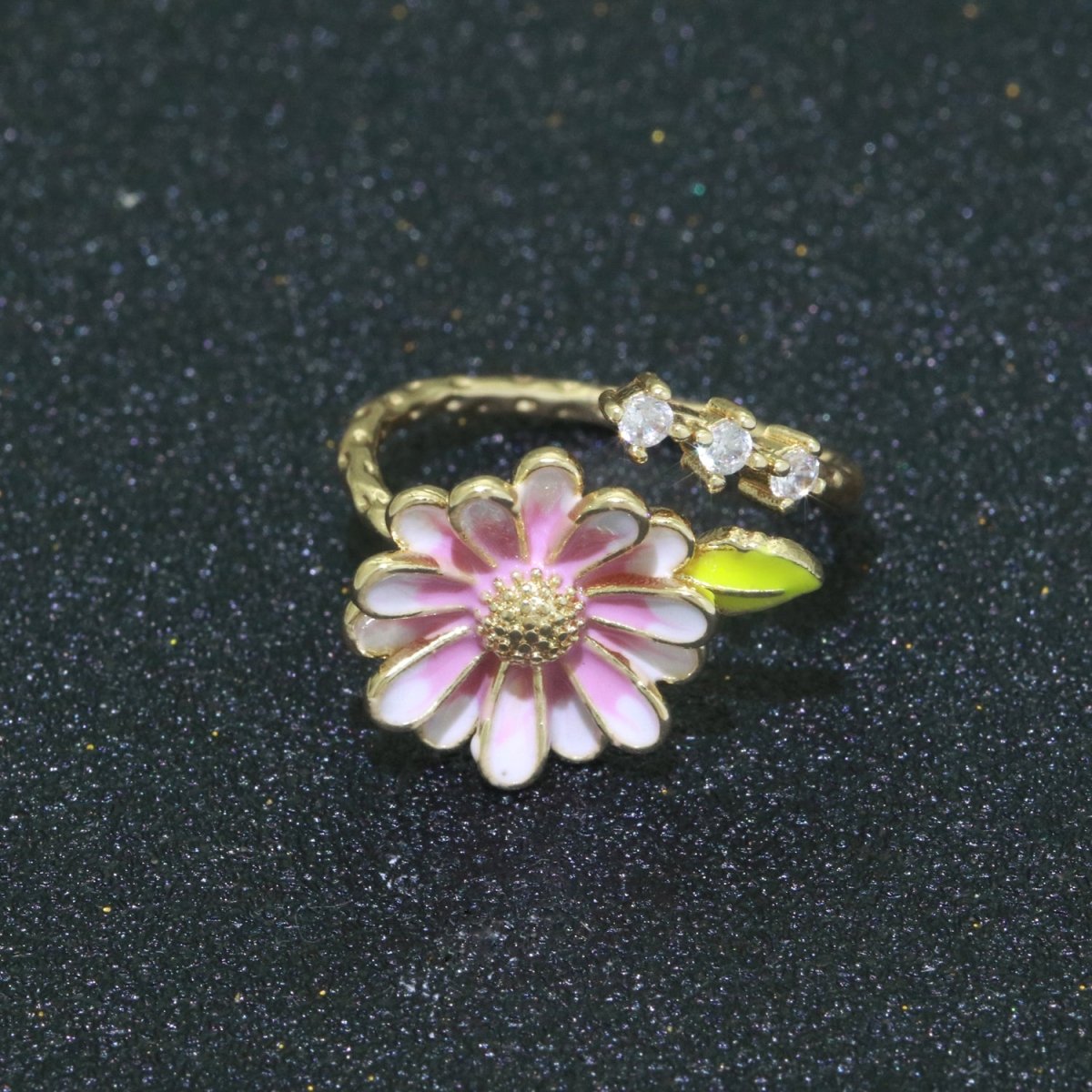 Dainty Sun Flower Stacking Ring, Gold Minimalistp Ring Open Adjustable Ring Enamle Ring Gold Filled O-539