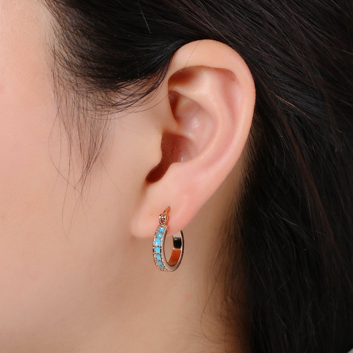 Dainty Turquoise Hoop Cz Earring Gold Filled Earring Everyday Wear Minimalist Jewelry P-180