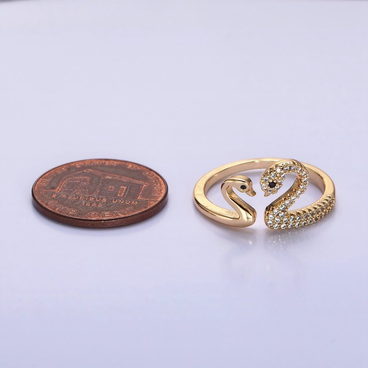 Dainty Two Swan Gold Ring, Adjustable Silver Swan Bird Ring Jewelry, Mother Daughter CZ Open Gold Ring R-519 S-020