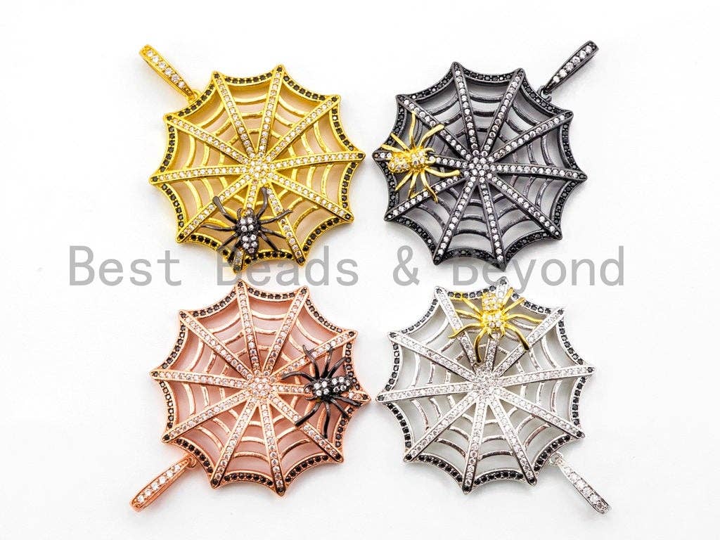 CZ Micro Pave Spide Web Pendant, CZ Spider Halloween Charm, Silver/Gold/Rose Gold/Gunmetal Color, 37x46mm, 1pc,SKU#F299