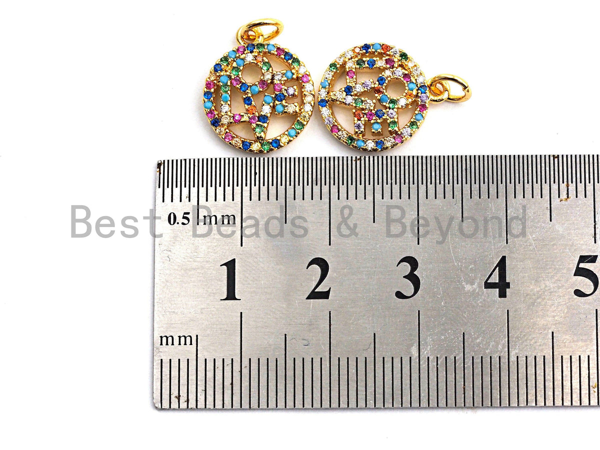 CZ Colorful Micro Pave Round With LOVE Pendant, Round Shaped Pave Pendant, Gold plated, 13x15mm, Sku#F840