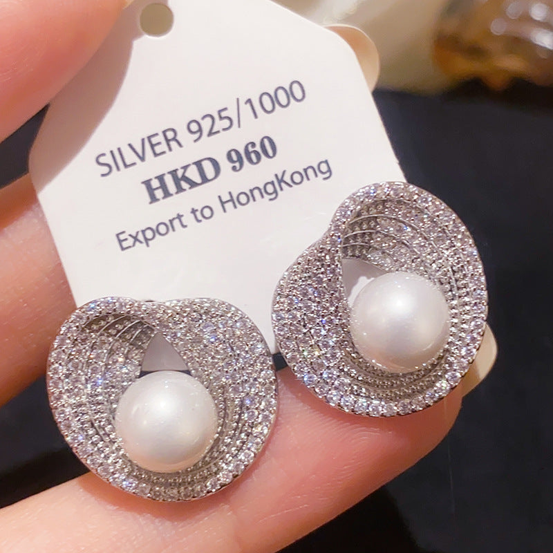 Silver Needle Zircon Irregular Round Pearl Fashionable All-Match Earrings