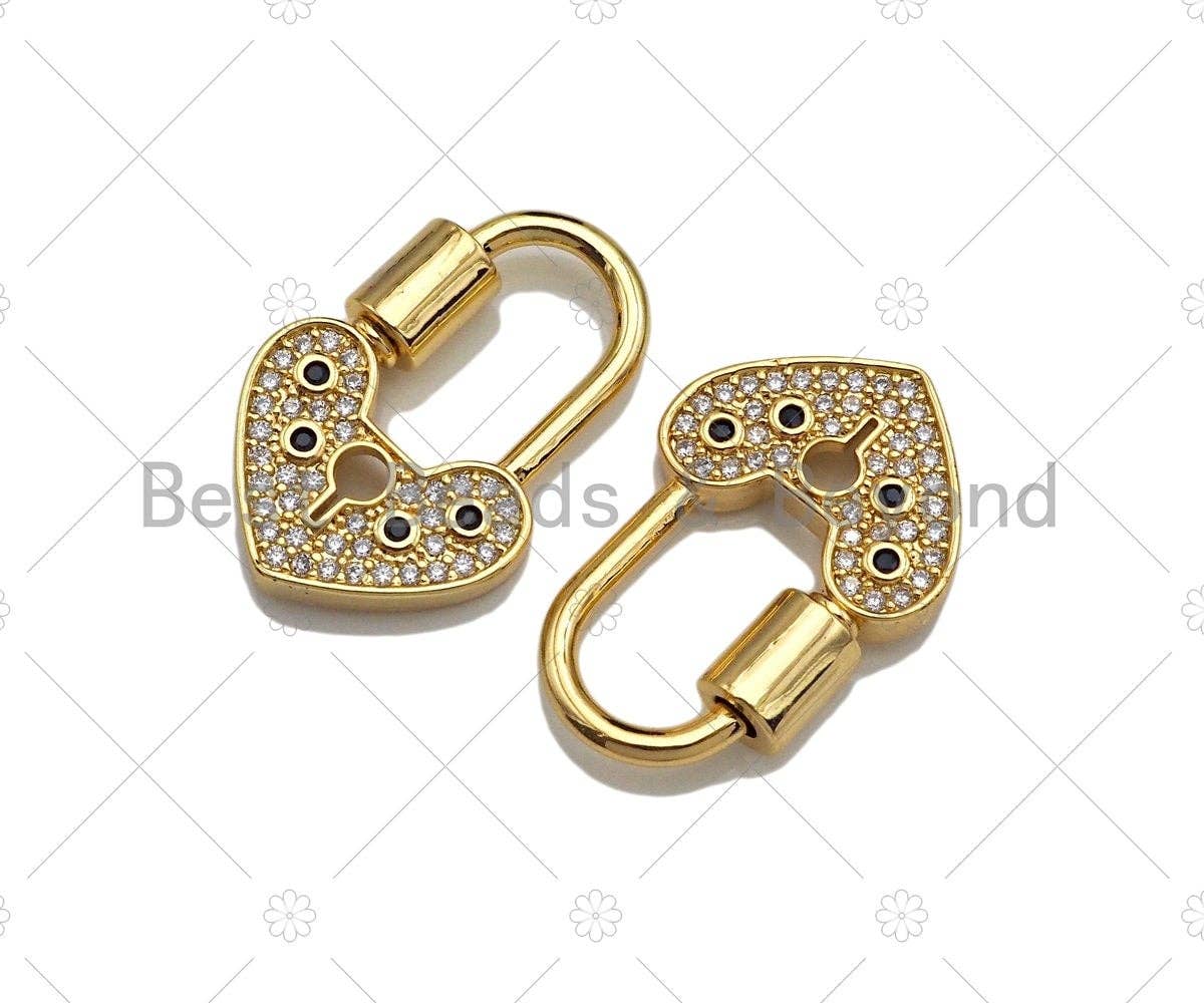 18K Gold Black Clear CZ Micro Pave Key Heart Lock Clasp, Gold Heart Padlock Charm, Heart Shape Clasp,Pave Lock,17x28mm,sku#K144