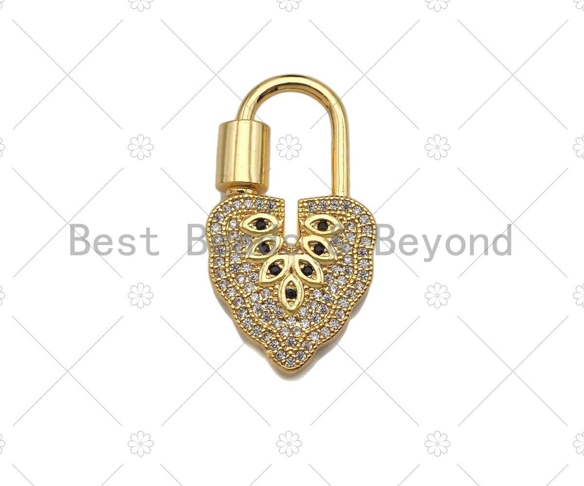 18K Gold Black Clear CZ Micro Pave Leaf Shape Clasp, Fancy Lock Clasp, Heart Shape Clasp,Pave Lock Pendant,17x31mm,sku#K148