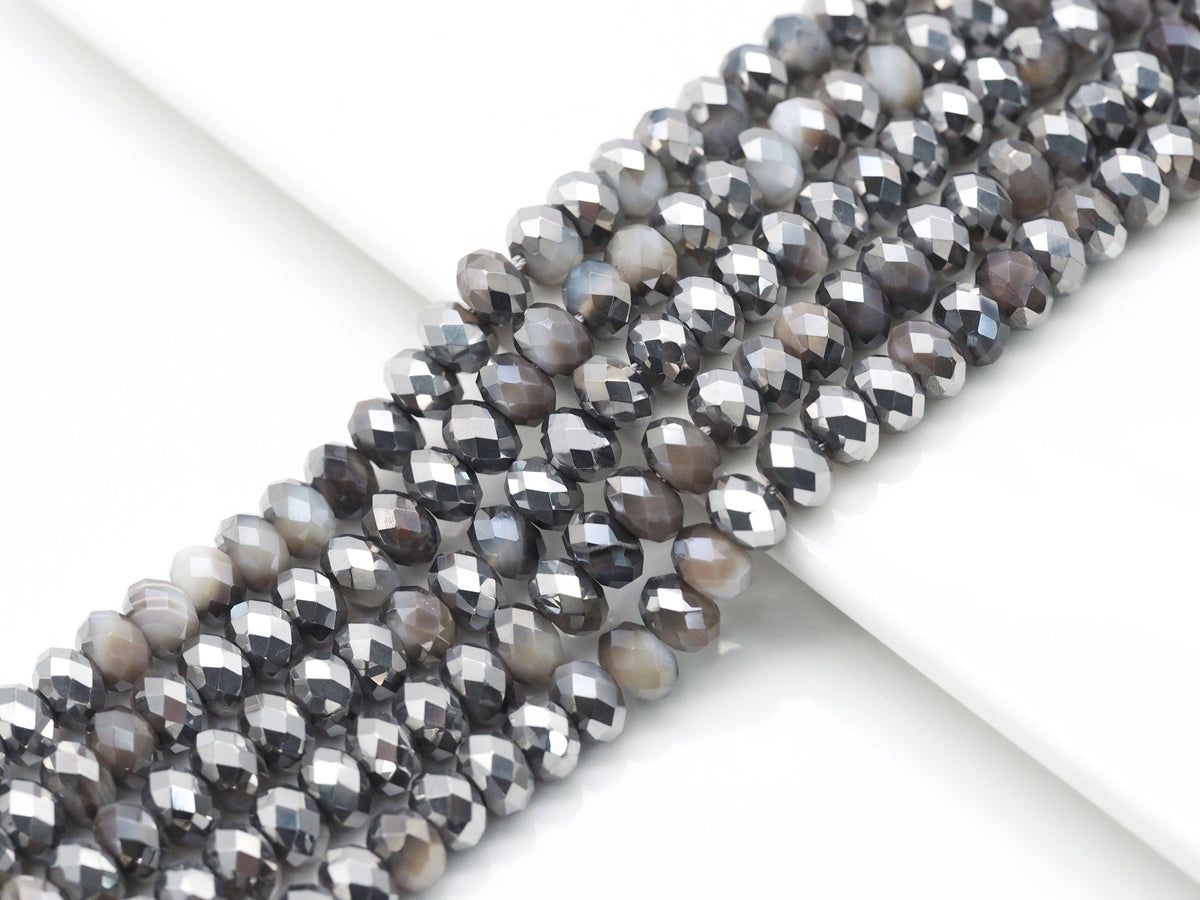 Half Silver Plated Natural Brown Banded Agate Rondelle Faceted Beads, Sku#UA284