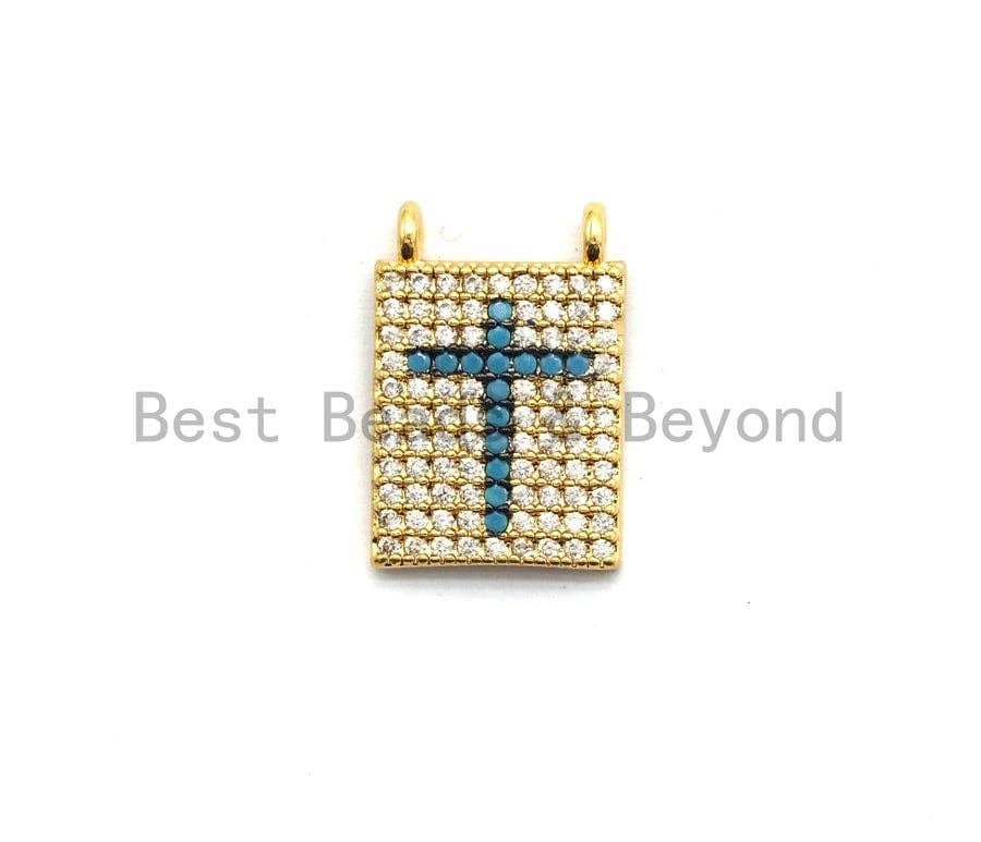 CZ Micro Pave Rectangle With Cross Pendant/Charm, Cz Blue Fuchsia Black Green Cross Rectangle Pave Pendant,11x16mm, sku#F681