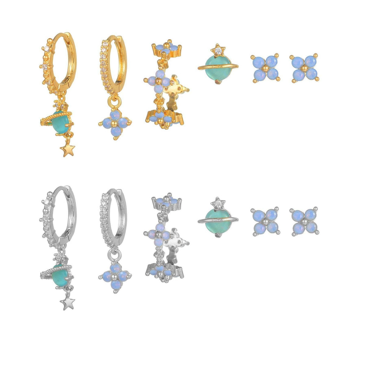 Stacking 6 Pieces Blue Flower Pierced Earring Set with Zircon, 18k Gold Plated Ear Studs and Ear Drops