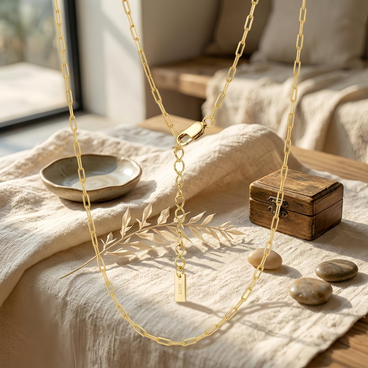 925 Sterling Silver Elegant Gold Paperclip Chain Necklace with Adjustable Length and Lobster Clasp