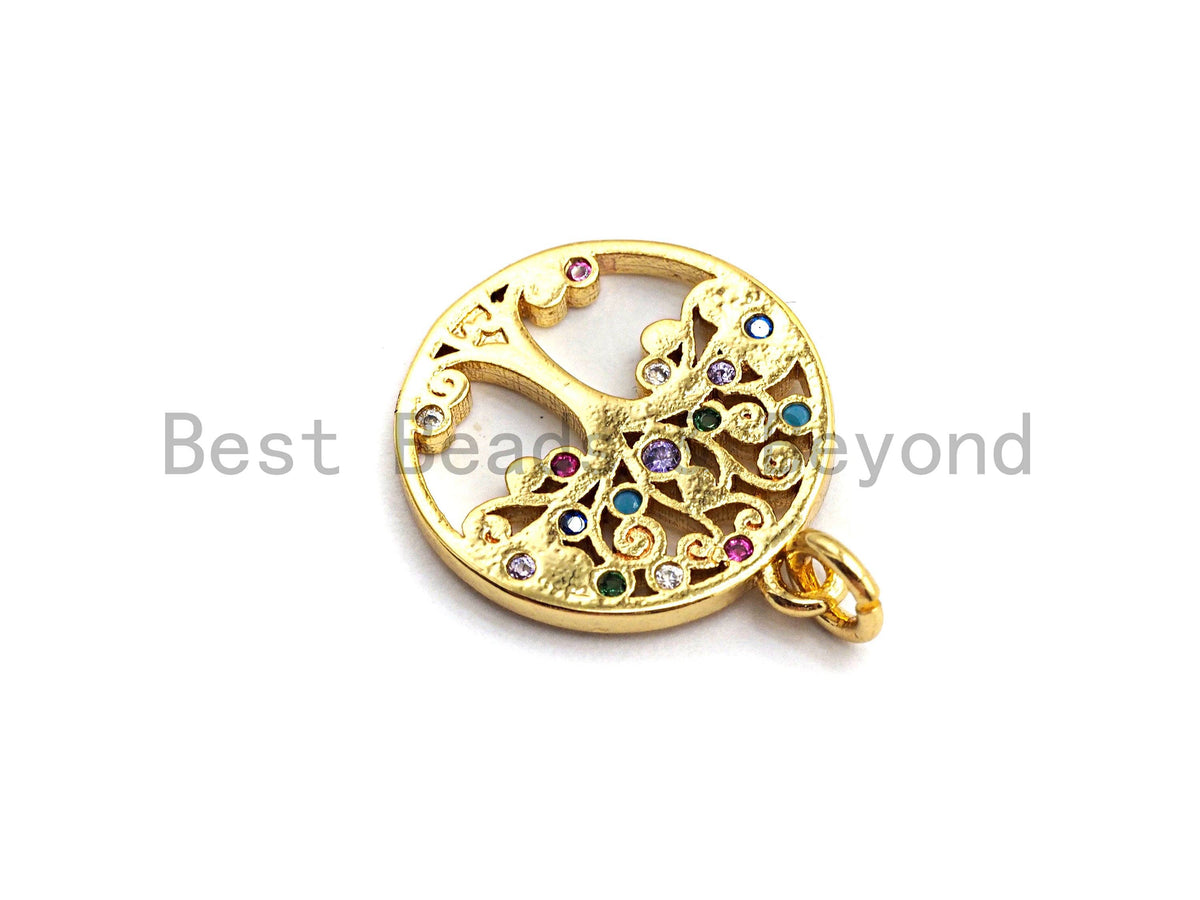 CZ Colorful Micro Pave Round With Tree Pendant, Tree Pave Pendant/Charm, Gold plated, 14x16mm, Sku#F759