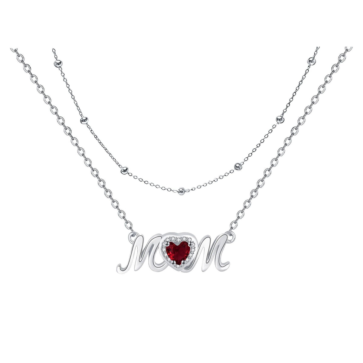 Moms Loving Heart Red Diamond Double-Layer Layered Necklace For Women