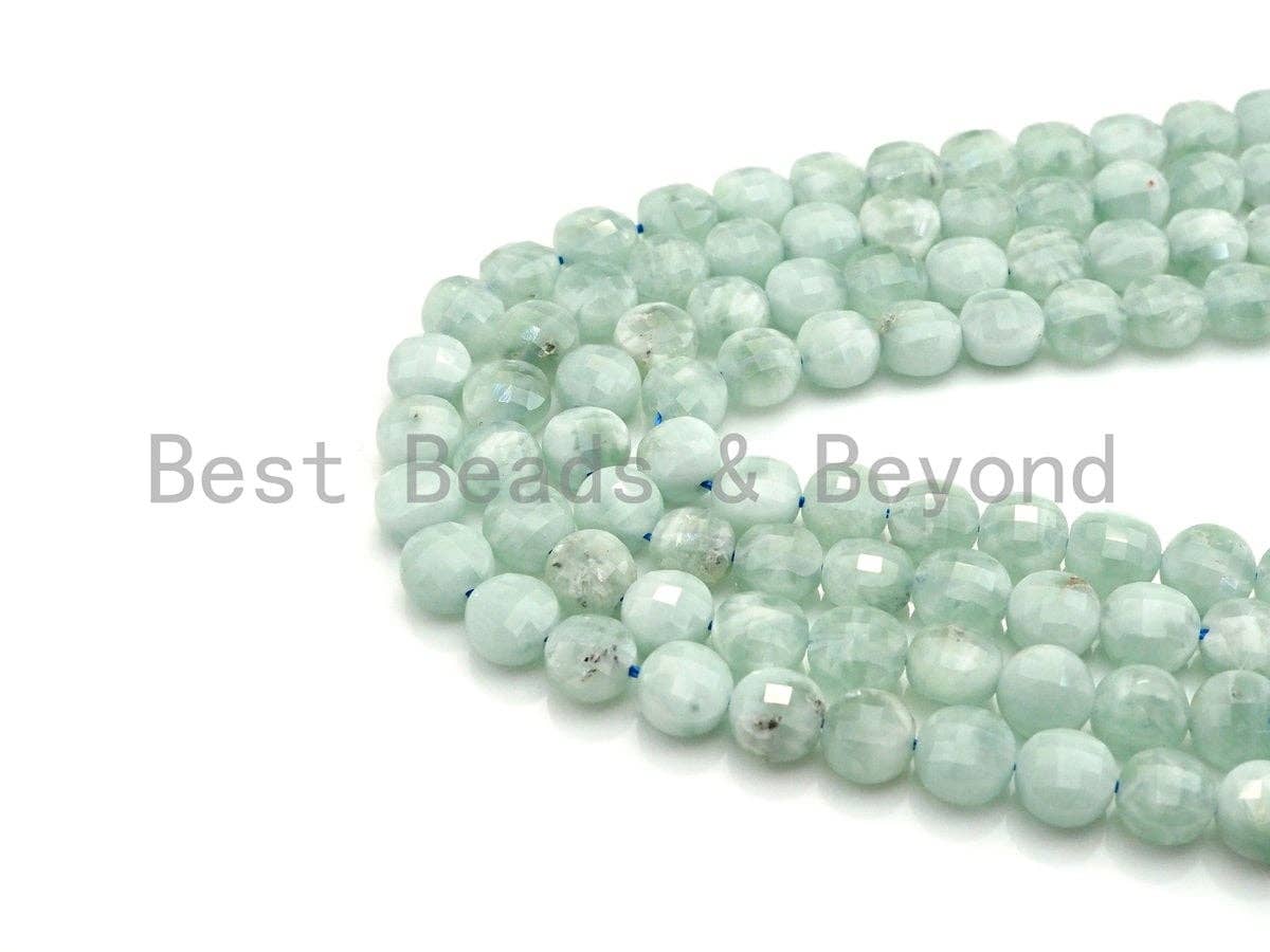 High Quality Natural Green Angelite Checkerboard Cut Coin Shape beads, 6mm/8mm Button Shape Angelite Beads, 16" Full strand, sku#UA46