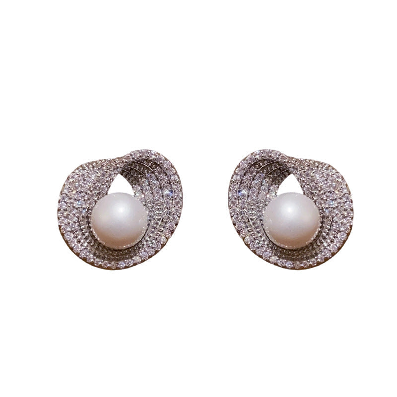 Silver Needle Zircon Irregular Round Pearl Fashionable All-Match Earrings