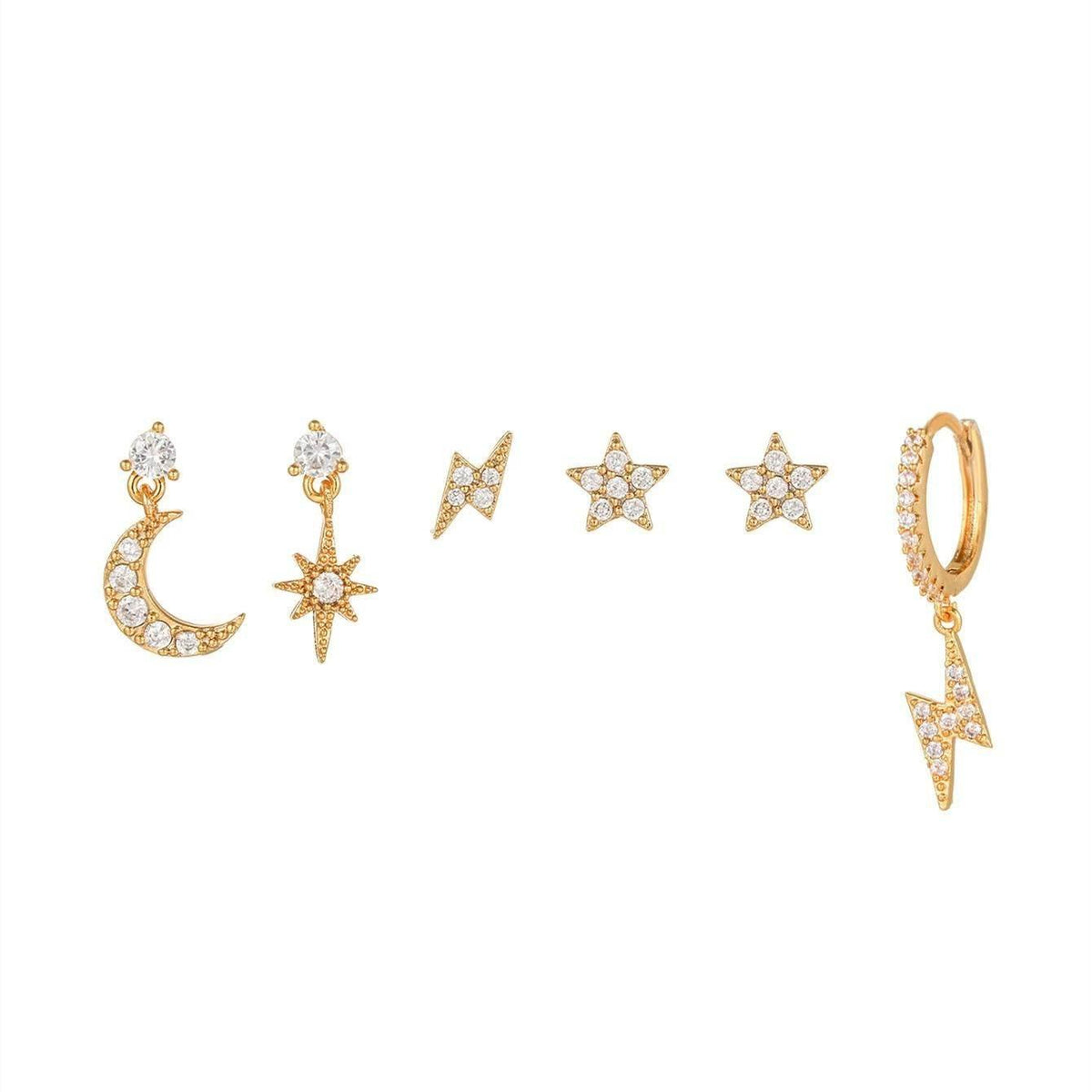 Stacking 6 Pieces Starry Lightning Earring Set,18k Gold Plated Stud Drop Hoop, S925 Needle, Stacked Lobe Designs with Dazzling Zirconia