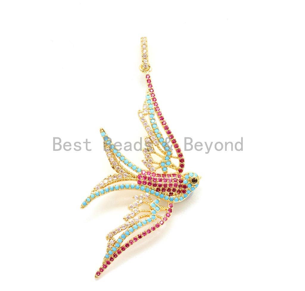 CZ Micro Pave Mixed Color Swallow Bird Pendant, Cubic Zirconia Pendant, Gold/Silver/Rose Gold, 28x61mm, SKU#F11