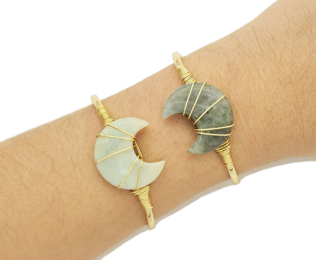 Gemstone Moon Shape Wire Trapped Cuff bracelet, sku#LY25