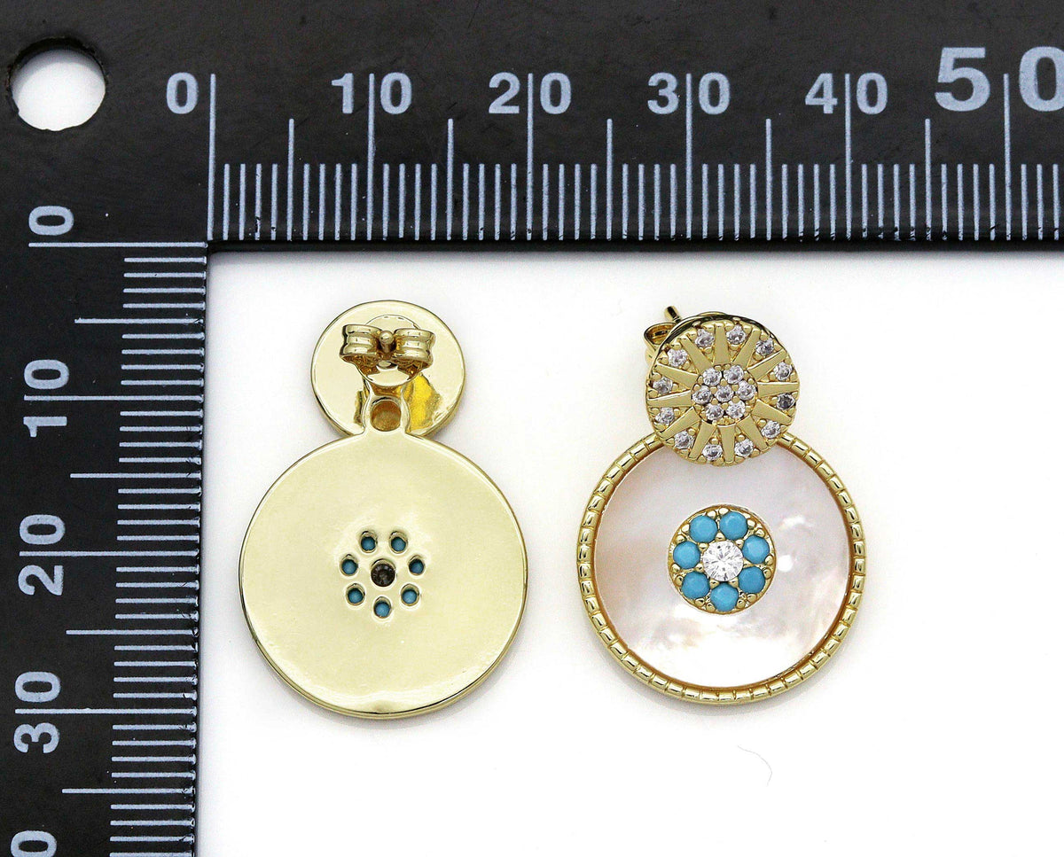 CZ Pearl Gold Round Coin Stud Earrings, Sku#O107