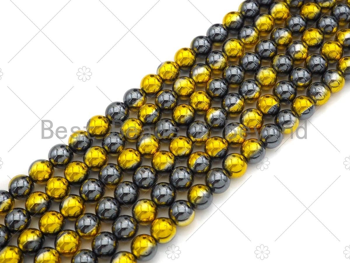 NEW!!! Half Gold Plated Natural Hematite Round Smooth  Beads, 4mm/6mm/8mm Gold Black Hematite Beads,15.5'' Full Strand, Sku#S134