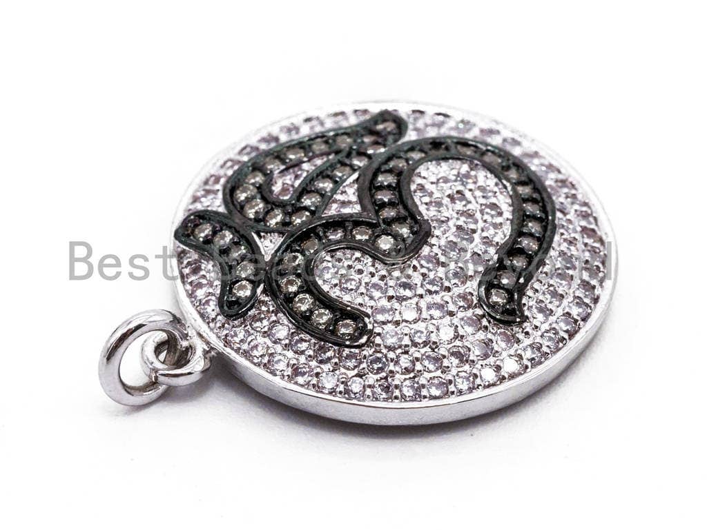 CZ Micro Pave Ohm Symbol Yoga Round Pendant, Cubic Zirconia Pendant, Silver/Gold/Rose Gold/Black Tone, 28x21mm, Sku#F151