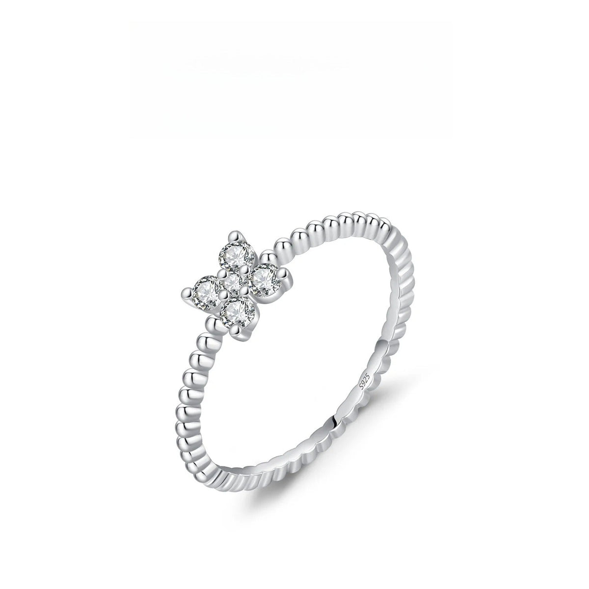 Four-Leaf Clover D-Color VVS1 Moissanite Engagement Ring in Sterling Silver – Chic Everyday Stackable Band