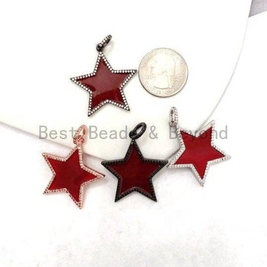 32mm Red Enamel Five Point Star Pendant/Charm, Enamel CZ Pave Star Charm, Gold/Rose Gold/Silver/Black Plated, sku#F580SC