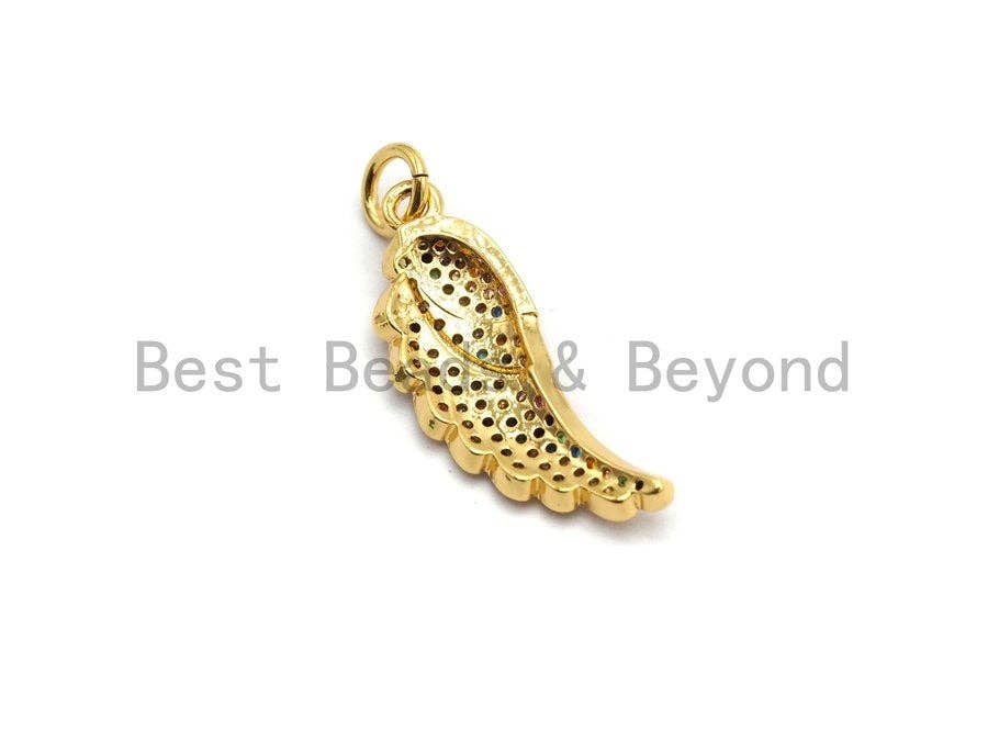 CZ Colorful Micro Pave Angel Wing Pendant, Angel Wing Shaped Pave Pendant, Gold plated, 8x23mm, Sku#F726