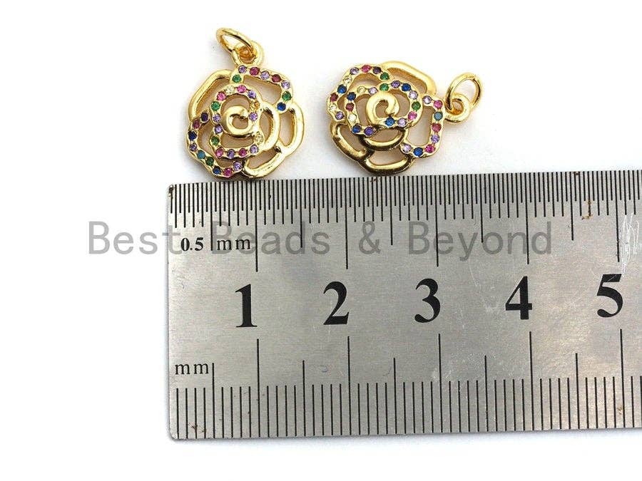 CZ Colorful Micro Pave Rose Flower Pendant, Rose Shaped Pave Pendant, Gold plated, 13x16mm, Sku#F839