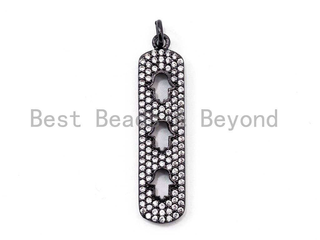 CZ Micro Pave Rectangle Pendant/Charm with 3 little Hollow Hamsa Hand, Cubic Zirconia Pave Bar Pendant, 8x34mm, sku#F203