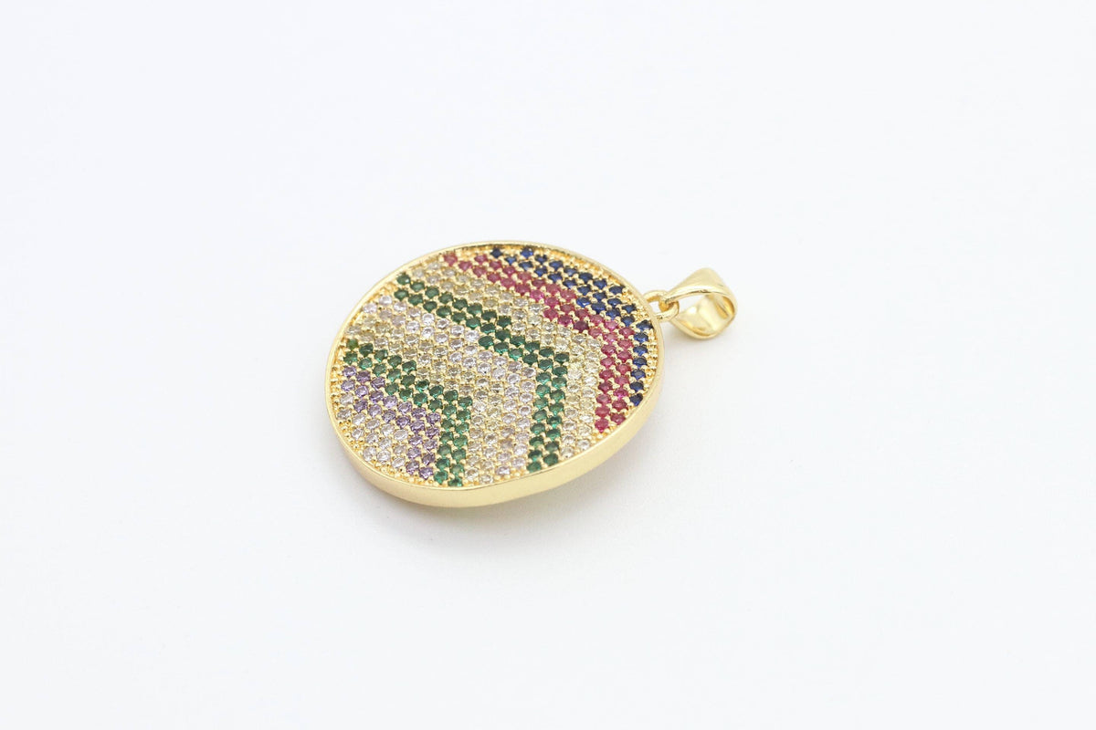 CZ Micro Pave Mixed Color Zigzag Round Disc Pendant, Cubic Zirconia Necklace Pendant, 25x31mm, sku#F3