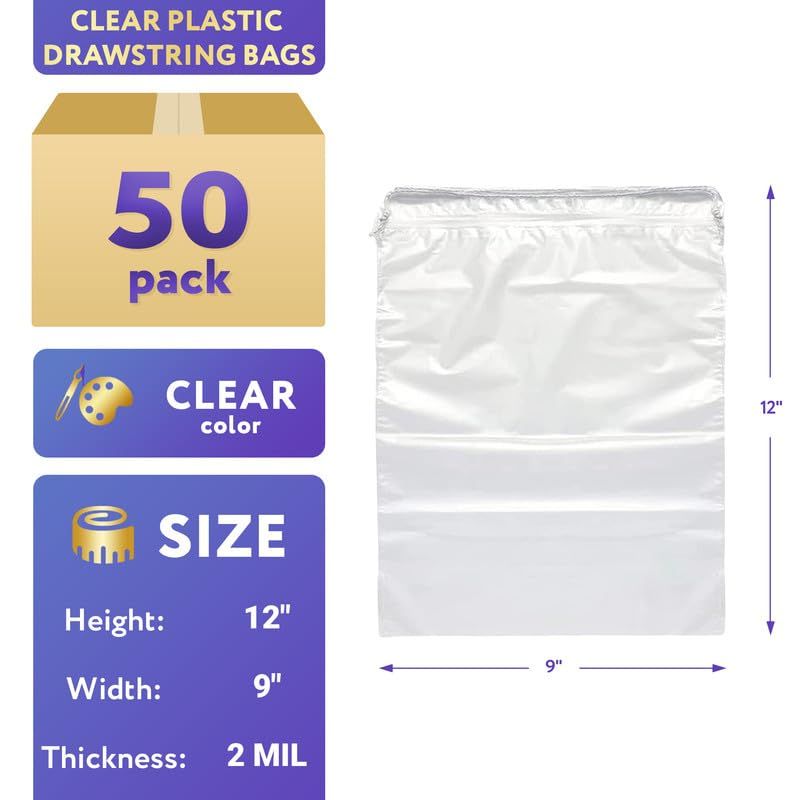 Clear Drawstring Bag, 9 x 12 Inches. Pack of 50 Clear Plastic Drawstring Bags. 2 Mil Drawstring Clear Plastic Bags. Waterproof Clear Plastic Bags Drawstring for Cosmetics, Toiletries