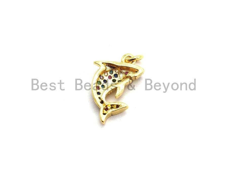 CZ Colorful Micro Pave Shark Pendant, Shark  Shaped Pave Pendant, Gold plated, 10x15mm, Sku#F728