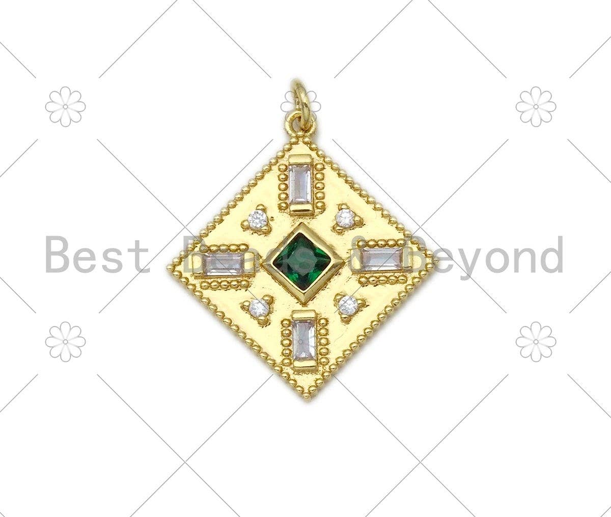 Baguette CZ Micro Pave Rhombus Shape Pendant/Charm, 18K Gold Filled Green CZ Charm,Necklace Bracelet Charm Pendant,28x25mm,Sku#L582
