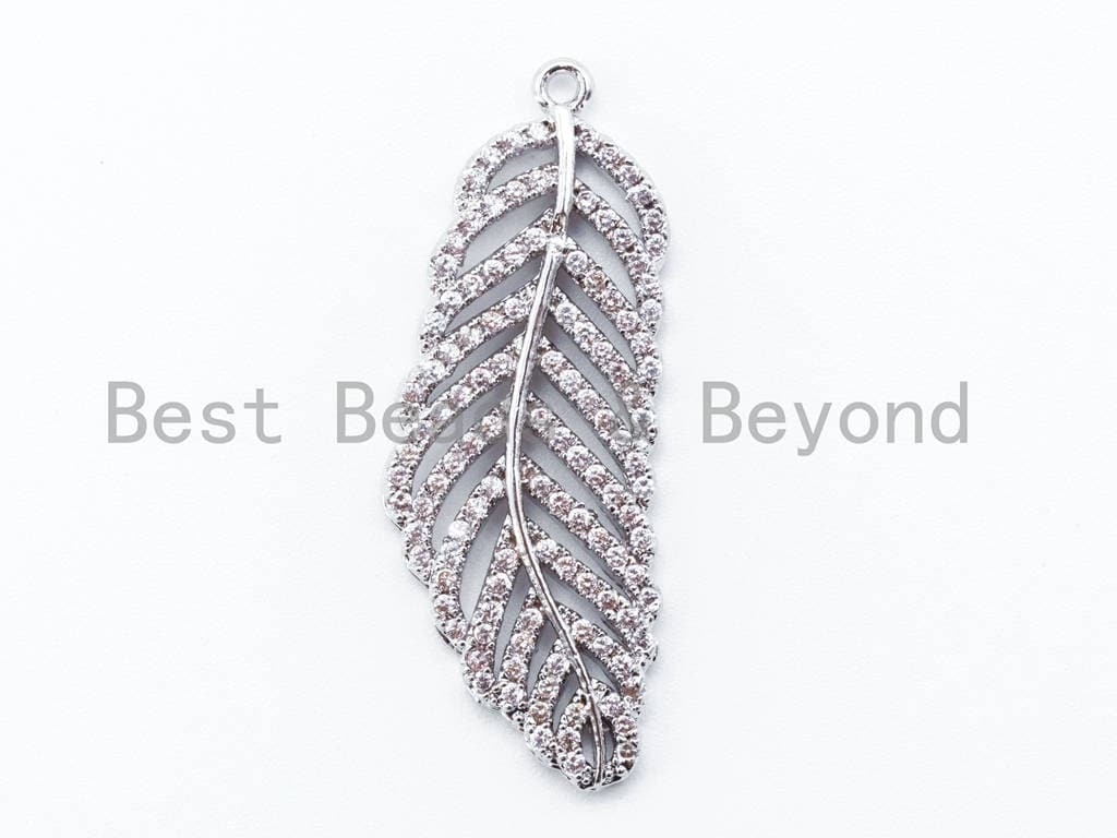 CZ Micro Pave Leaf Pendant, Clear CZ Pave in Gold Rose Gold Black Silver Finish, Pave Charm, 13x33mm, sku#B39