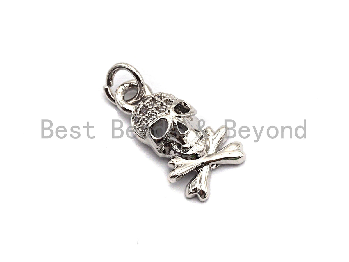 CZ Clear Micro Pave Skull Pendant, CZ Pave Pendant, Gold/Rose Gold/Silver/Gunmetal plated, 8x14mm, Sku#F818