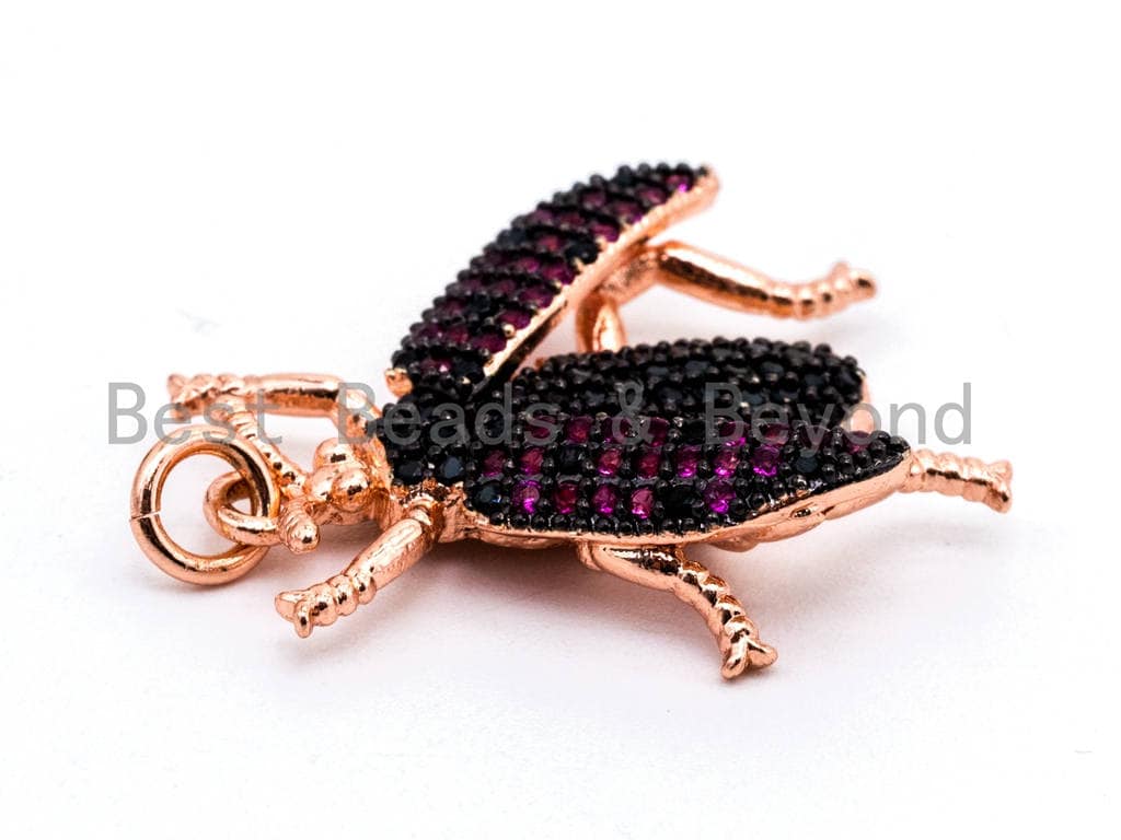 BEETLE Inspired Charm, CZ Micro Pave Fuchsia Insect Pendant, Cubic Zirconia Pendant,Gold/Rose Gold/Silver/Black,23x25x6mm,SKU#F455