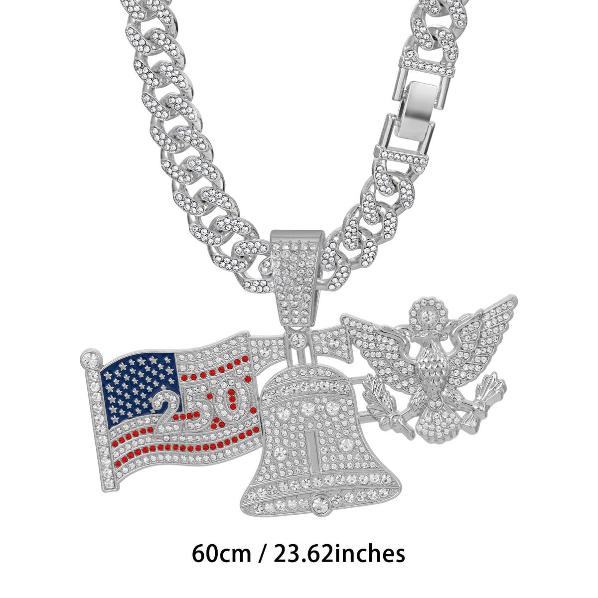 American 250Th Anniversary Liberty Bell White Eagle Pendant Necklace Alloy Diamond-Encrusted Cuban Chain Hip-Hop Accessory